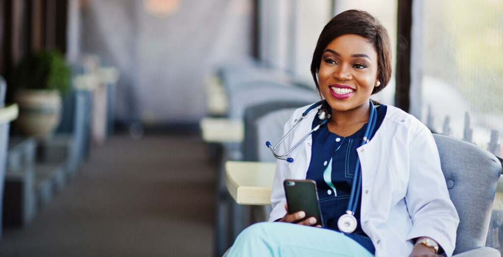 Doctor sitting down for a break at the hospital.